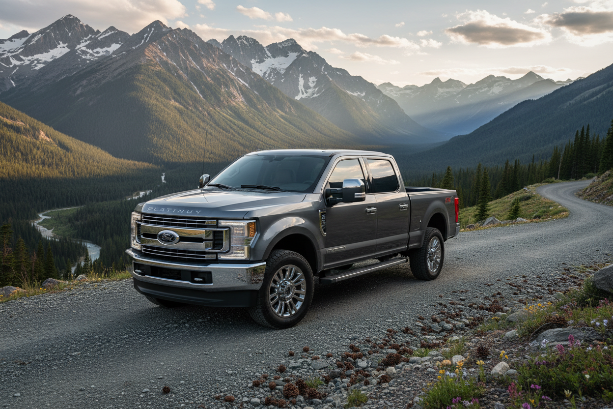 FOrd F350 platinum in slate gray with windows tinted parked in the mountains